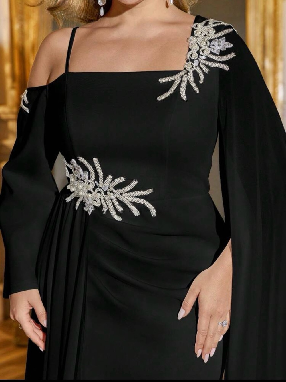 Black Silver Plus Size Embellished One Cold Shoulder Formal Evening Gown Sz 18 - Picture 4 of 16